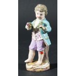 MEISSEN FIGURE OF A BOY, 19th century, standing holding posies of flowers, blue crossed sword,