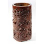 CHINESE BAMBOO BRUSH POT, BITONG, carved with a continuous lake scene, height 12.5cm