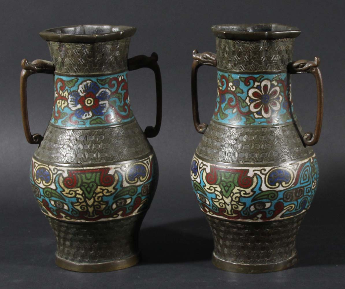PAIR OF CHINESE BRONZE AND CHAMPLEVE VASES, of archaistic two handled baluster form, with two
