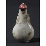 CHINESE NEPHRITE JADE SNUFF BOTTLE, light grey with black mottling, of bottle form carved with