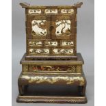 JAPANESE IVORY, TORTOISESHELL AND LACQUER TABLE CABINET, STAND AND BASE, the cabinet with three