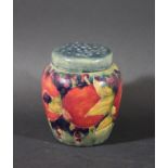 MOORCROFT POT POURRI JAR & COVER painted in the Pomegranate design on a blue ground, with a domed