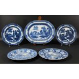 BLUE TRANSFER PRINTED PEARLWARE PLATTER, in the Buffalo pattern, length 36cm; together with a pair