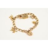 A 9CT. GOLD CURB LINK BRACELET mounted with assorted gold charms and with padlock clasp, 20cm. long,