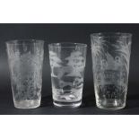 THREE SIMILAR GLASS TUMBLERS, late 19th and 20th century, probably Stourbridge, one engraved with