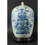 CHINESE CELADON VASE AND COVER, of ovoid form, blue painted with lotus and other flowers, the