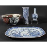 GROUP OF CHINESE BLUE AND WHITE, to include a rectangular platter, late 18th century, sleeve vase,