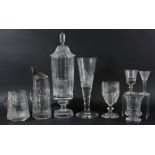 COLLECTION OF BOHEMIAN ENGRAVED CLEAR GLASS, 19th and 20th century, to include a covered, faceted