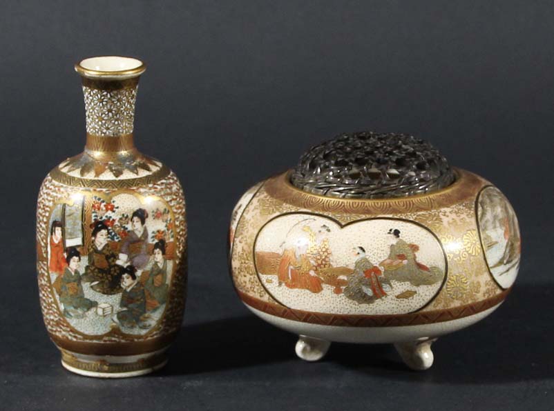 JAPANESE SATSUMA TRIPOD POT POURRI AND COVER, of ovoid form painted with four cartouches on a floral