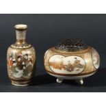 JAPANESE SATSUMA TRIPOD POT POURRI AND COVER, of ovoid form painted with four cartouches on a floral