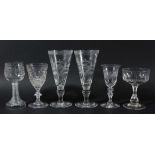 PAIR OF DRINKING GLASSES, 20th century, of conical form, engraved with birds and butterflies in