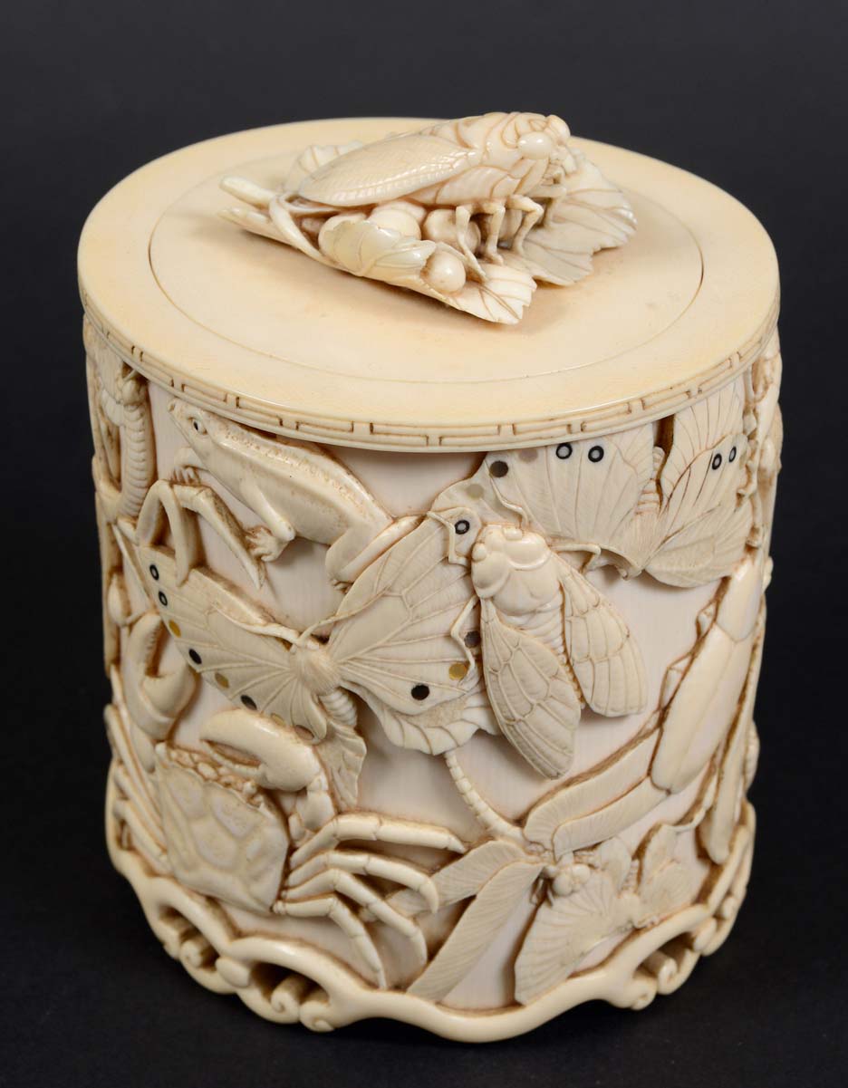 JAPANESE IVORY TUSK VASE AND COVER, mid to late 19th century, well carved with bats, frogs,