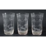 SET OF SIX GLASS TUMBLERS, of slightly waisted form, engraved with hunting scenes beneath harebell