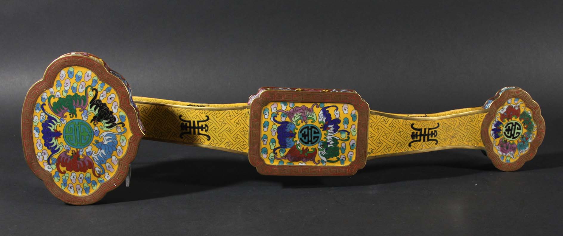 CHINESE CLOISONNE RUYI SCEPTRE, 20th century, with bats and auspicious Buddhustic symbols on a