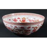 LARGE CHINESE PUNCH BOWL, 20th century, with iron red and gilt dragon decoration, with silk