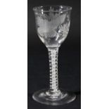 ENGLISH WINE GLASS, circa 1770, the ogee bowl with slight lip, engraved with a butterfly and foliage