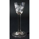 ENGLISH CORDIAL GLASS, circa 1760, the rounded funnel bowl with floral engraving on a plain stem,