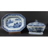 CHINESE BLUE AND WHITE TUREEN AND COVER, late 18th century, painted with an island and lake scene