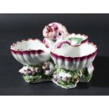 COOKWORTHY PLYMOUTH STYLE TRIPLE SHELL SALT, each shell painted with an exotic bird, around a