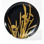 JAPANESE BLACK LACQUER SAUCER, Meiji or 20th century, with gilt floral decoration, two character