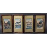 JAPANESE FOUR FOLD TABLE SCREEN, each mounted with a woodblock print of a landscape, each with