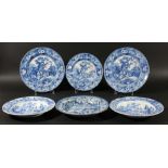 THREE BLUE TRANSFER PRINTED PLATES, early 19th century, in the Piping Shepherd pattern, diameter
