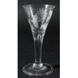 ENGLISH WINE GLASS, circa 1750-70, the conical bowl engraved with the Jacobite symbols of a