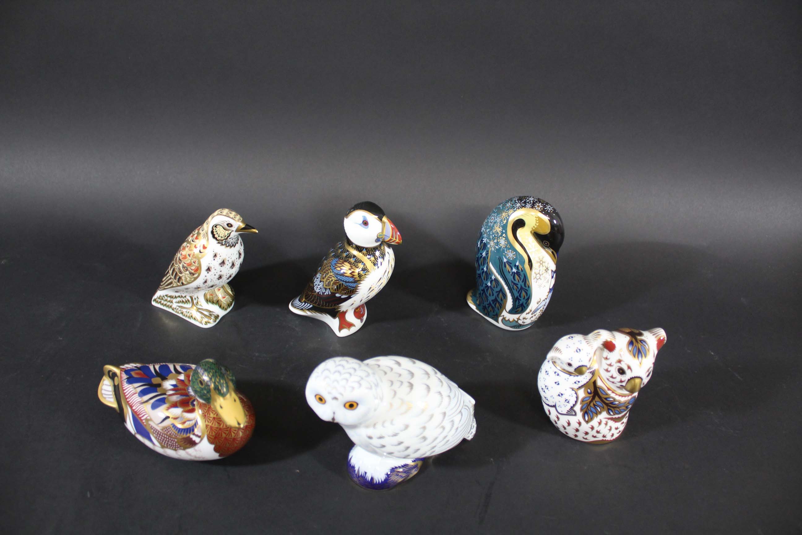ROYAL CROWN DERBY PAPERWEIGHTS 6 boxed paperweights including Song Thrush, Mallard Duck, Snowy