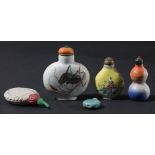 COLLECTION OF FIVE CHINESE SNUFF BOTTLES, including one enamelled with insects, iron red seal