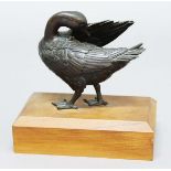 JAPANESE BRONZE DUCK, 20th century, preening with one wing raised, on a mahogany base, height
