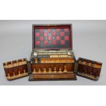 VICTORIAN ROSEWOOD GAMES COMPENDIUM, the case with a leather chequers board in the cover, a pair