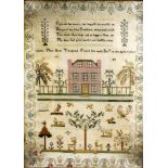 GEORGE III SAMPLER, by Mary Anne Trangmore, dated 1811, worked with a rhyme and depicting a house