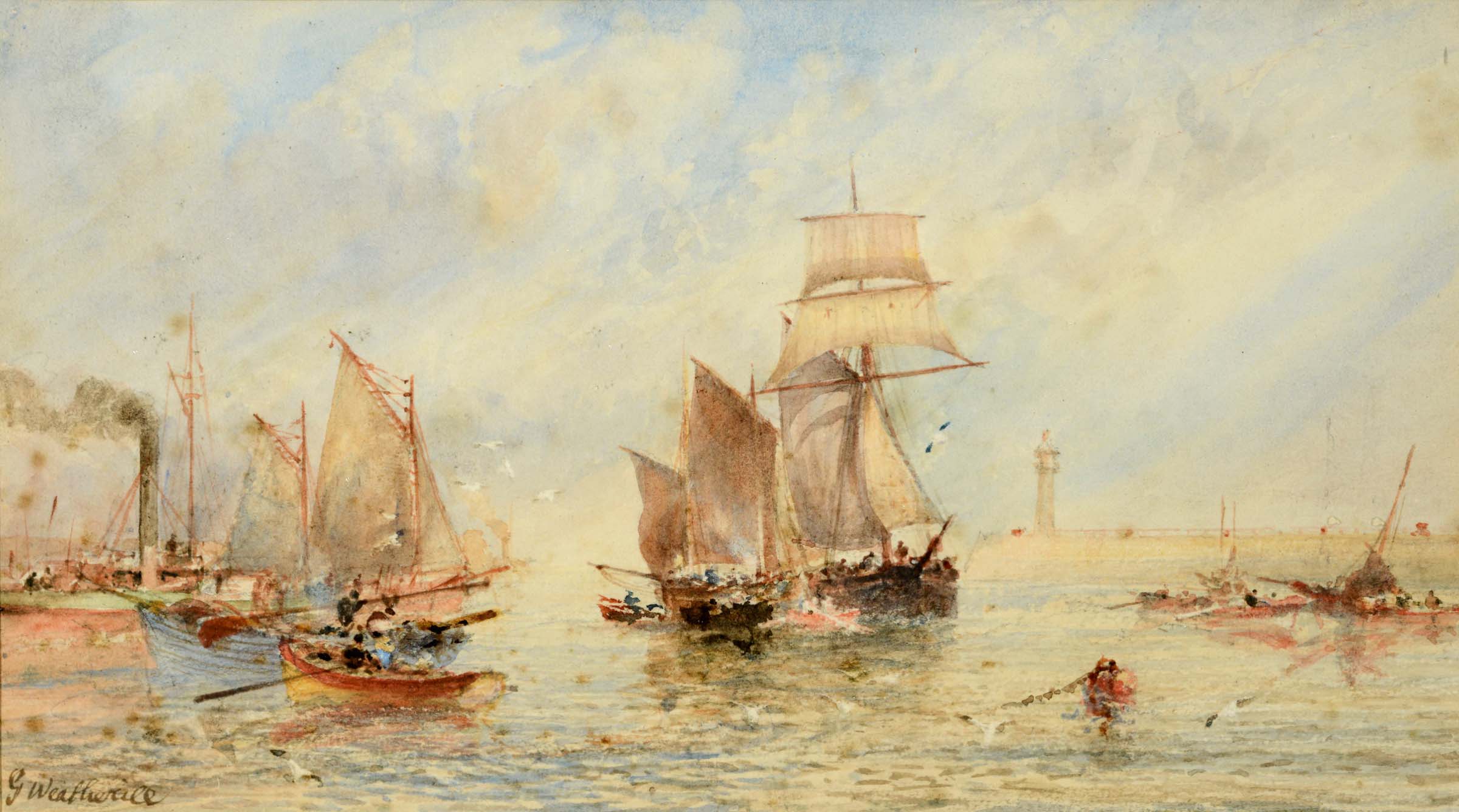 GEORGE WEATHERILL (1810-1890) FISHING BOATS, WHITBY Signed, watercolour 10.5 x 19.5cm. ++ Some