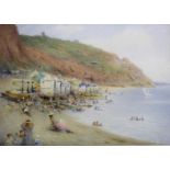 HARRY E. JAMES (Fl.1882-1912) BATHING HUTS ON A BUSY BEACH, DORSET (?) Signed, watercolour with