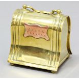 VICTORIAN BRASS MONEY BOX, of bell form with swing handle, a copper plaque inscribed James