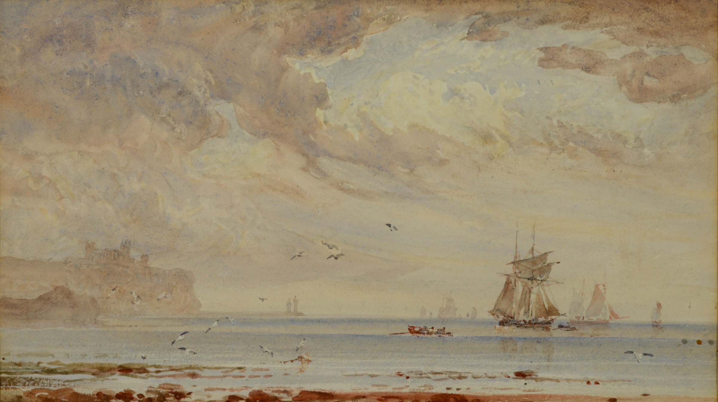 GEORGE WEATHERILL (1810-1890) A CALM, OFF WHITBY Watercolour 11.5 x 21cm. ++ Slightly pale