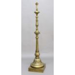 BRASS LAMP STANDARD, the knopped top above stiff leaves, pentagonal collar, fluted column, domed