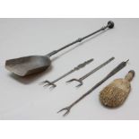 THREE IRON COOKING OR TOASTING FORKS, including one of trident form, together with an iron shovel