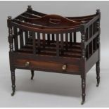 GEORGE III MAHOGANY CANTERBURY, the three sections with a central handle above a single drawer,