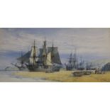 JOHN CALLOW (1822-1878) BEACHED SAILING VESSELS Signed and dated 1871, watercolour and pencil 14.5 x