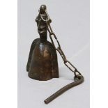 AFRICAN BRONZE FIGURAL BELL, possibly Benin, with chain and clapper, height 15cm