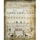 GEORGE III SAMPLER, by Hannah Banks, dated 1807, worked with a rhyme surrounded by plants, birds and