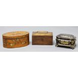 REGENCY SATINWOOD OVAL BOX, painted with musical instruments inside a floral wreath border, length
