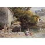 JOHN HENRY MOLE (1814-1886) BY THE VILLAGE POND Signed and dated 1875, watercolour 25 x 37cm. ++