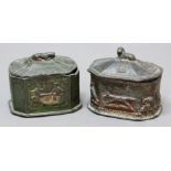 TWO EIGHTEENTH CENTURY LEAD TOBACCO BOXES AND COVERS, of canted rectangular form, one with stag