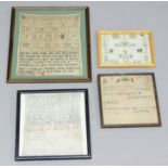 FOUR SMALL GEORGE III SAMPLERS, the earliest dated 1770, three with alphabets and one depicting a