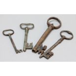 GROUP OF SIX IRON KEYS, probably 17th century, lengths 10.5cm to 16cm (6)