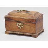 GEORGE III MAHOGANY TEA CADDY, of sarcophagus form, with brass handle and fitted interior, height