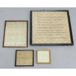 FOUR GEORGE III SAMPLERS, one dated 1817 by Mary Thompson, 41cm x 42cm, the others dated 1806,