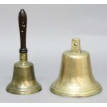 LARGE BRONZE SHIPS BELL, lacking clapper, height 24cm, together with a school bell with turned